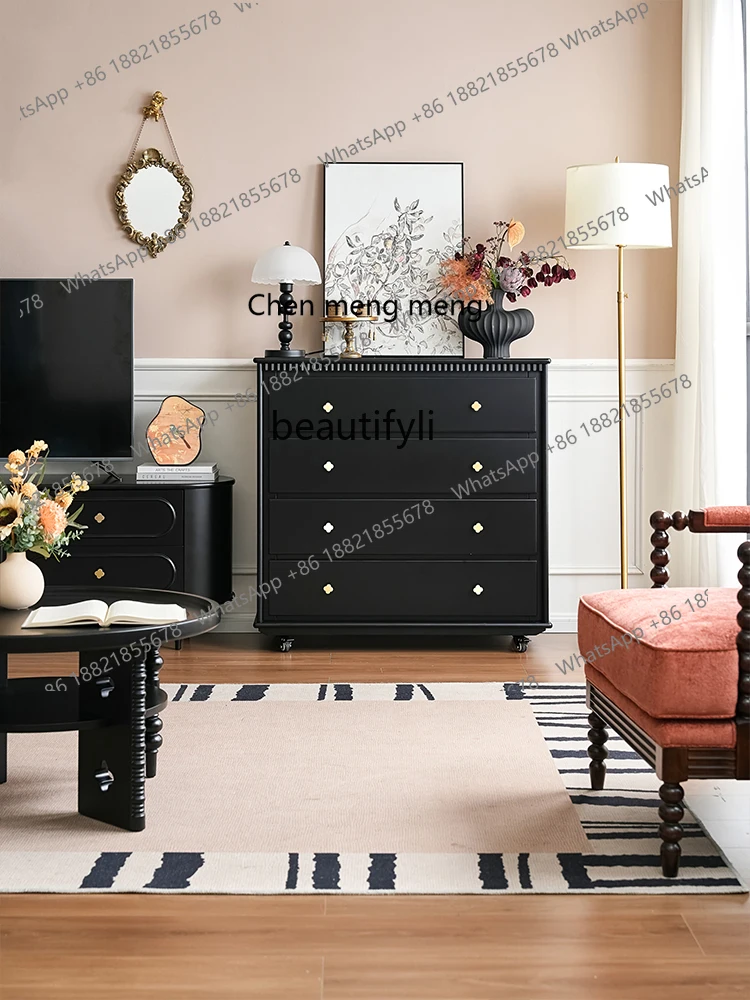 X Retro, living room mobile drawer cabinet, bedroom against the wall, American medieval solid wood black bedside cabinet