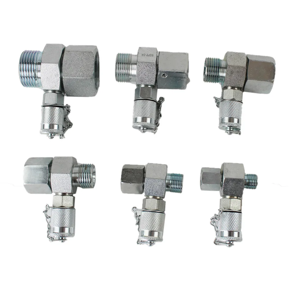 BSPP 6 Pack Hydraulic Swivel Run Tees Tester Coupling Point Set Tee Connectors for Excavator Construction Heavy Duty Machinery