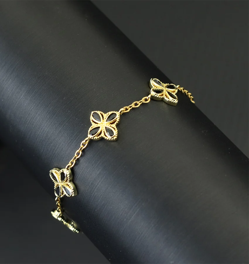 Exquisite Four Petals Chain Bracelet Women Gold Color 3 Styles Colorful Zircon Lobster Clasp Charm Braclet Girlfriend Gift Joias