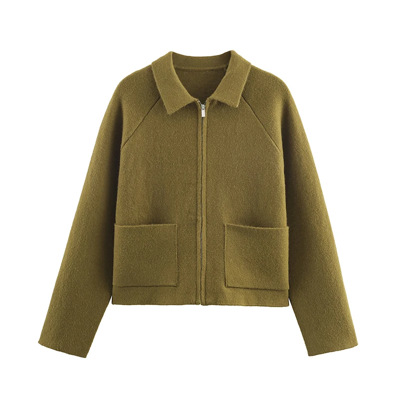 

Новая женская одежда осень/зима 202, оливково-зеленая вязаная куртка на молнии, повседневный стиль.