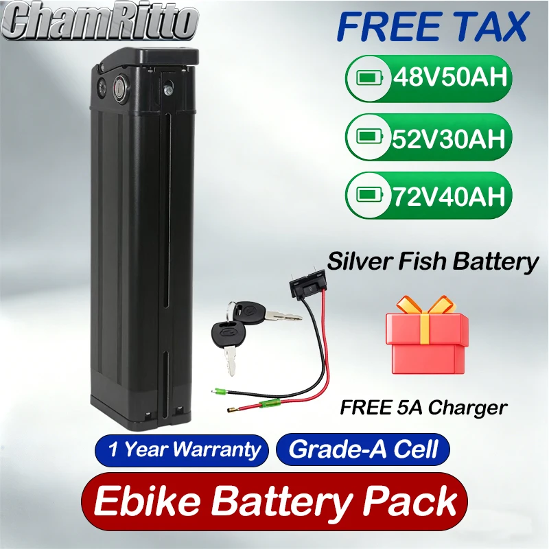 

E Bike Silver Fish 36v48v52v Battery 20 24ah 30 40ah 50 60ah Battery Electric Bicycle 60v 72v 1000w 2000w 1500w Lithium Batterie