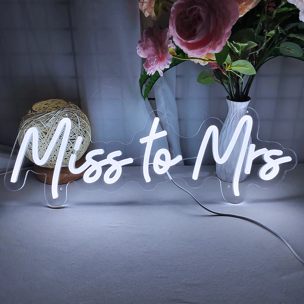 Custom Neon 21.5x 7.2'' inches Miss to Mrs Light Sign,Silicone Neon With Transparent Backer for Wedding Party Wall Decor