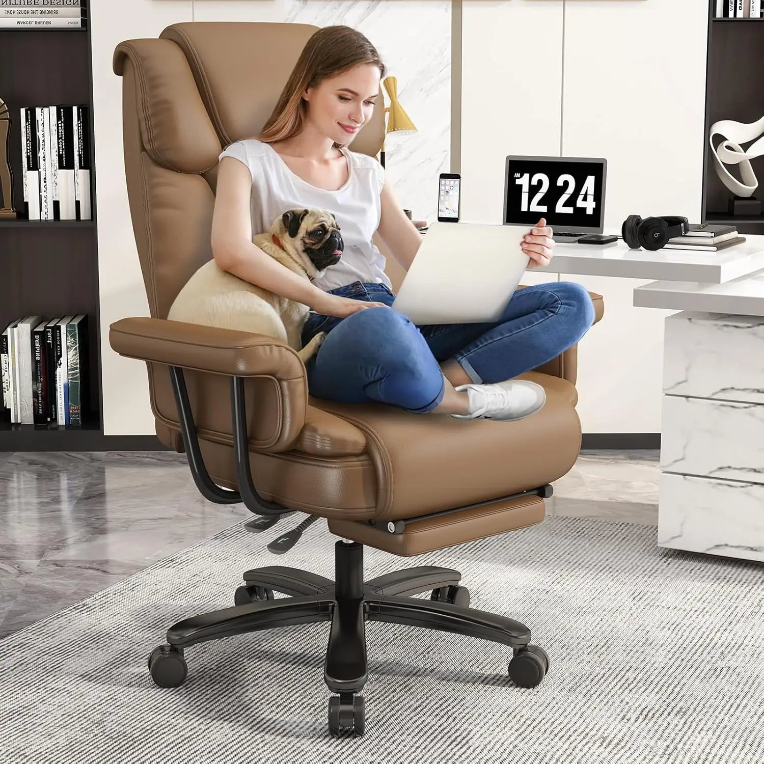 

Criss Cross Chair with Wheels, 160°Big and Tall Reclining Office Desk Chair with High Back, Wide Seat, Arms, Footrest, Brown
