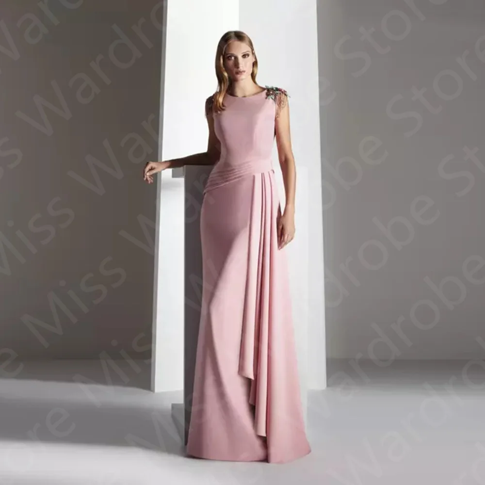 

New Arrival 2023 Pink Evening Dresses Sleeveless Round Neckline Prom Party Gown Back Out Wedding Guest Gowns Flowers On Sale