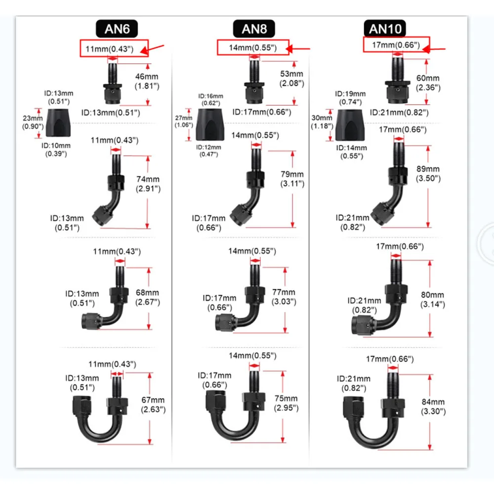 Oil Fuel Swivel Hose End Fitting Oil Hose End Adaptor Fitting Kit Black AN6 AN8 AN10 Aluminum Straight Elbow 0 45 90 120 Degree