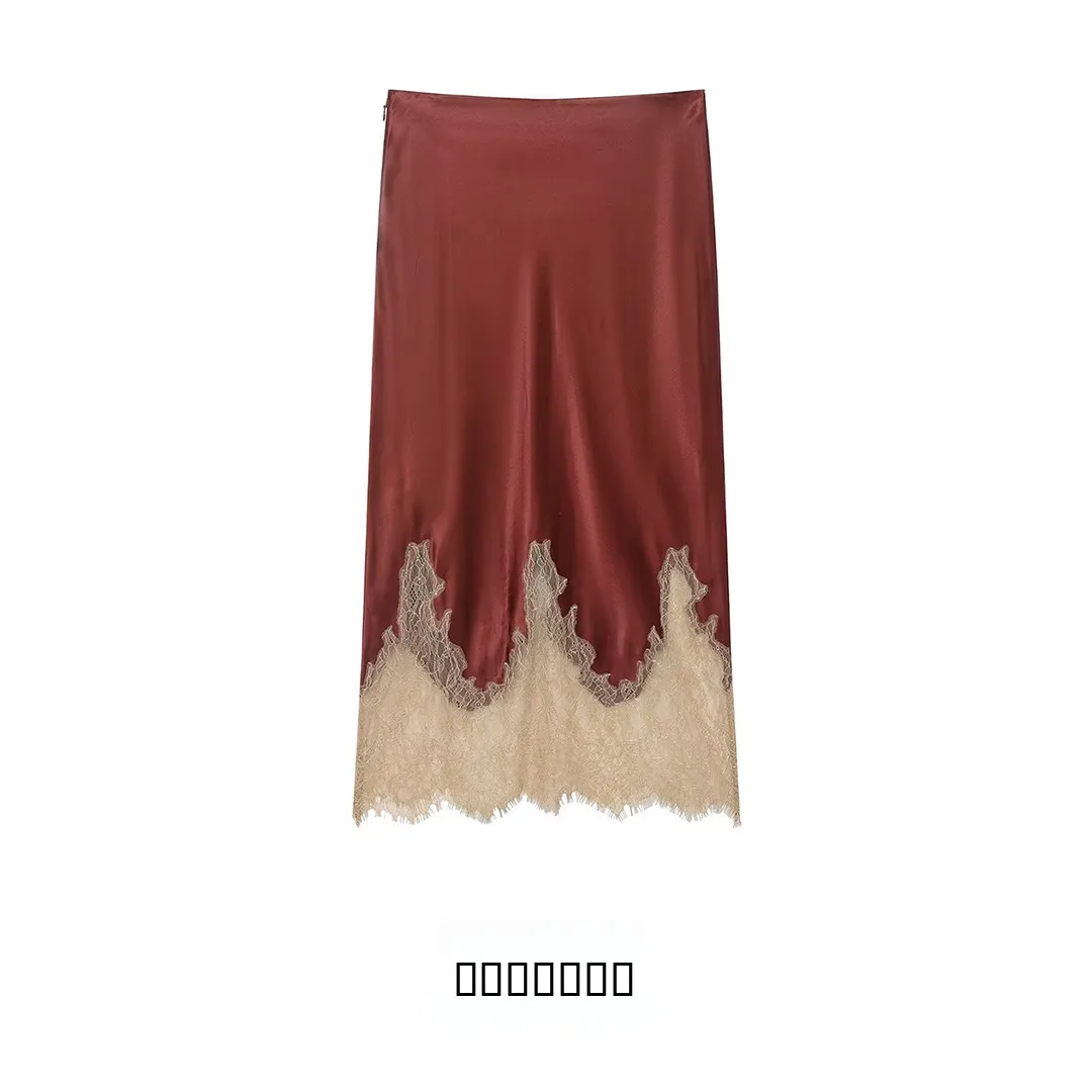 

KASLEAD New Women's Faion Color Blo Lace Trim Silk Satin f Skirt Ele Stand Fit Straight Cut for Ci Commuting