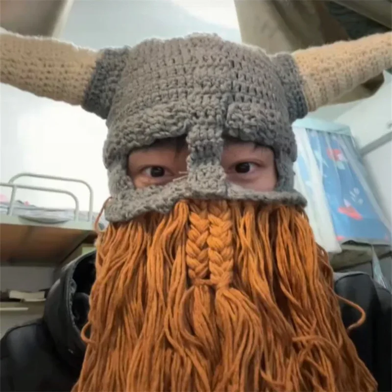 Creative New Funny Olaf Hat with Giant Beard & Horns, Knitted Winter Beanie for Men & Women, Halloween Costume Hat
