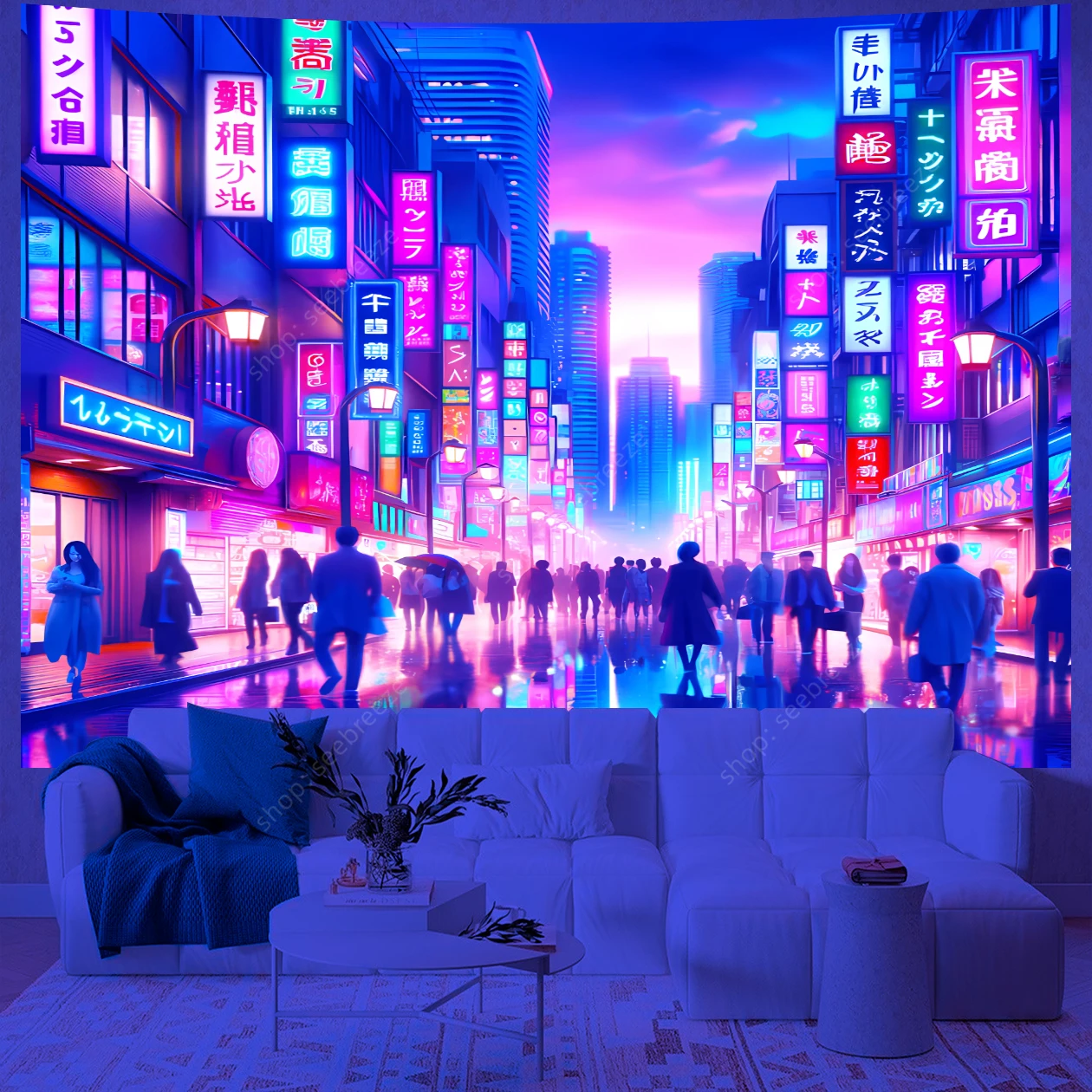 Japanese Anime Art UV Reactive Tapestry Tokyo Bustling Night Market Street Scene Wall Hanging Curtain Decor Home Wall Tapestries