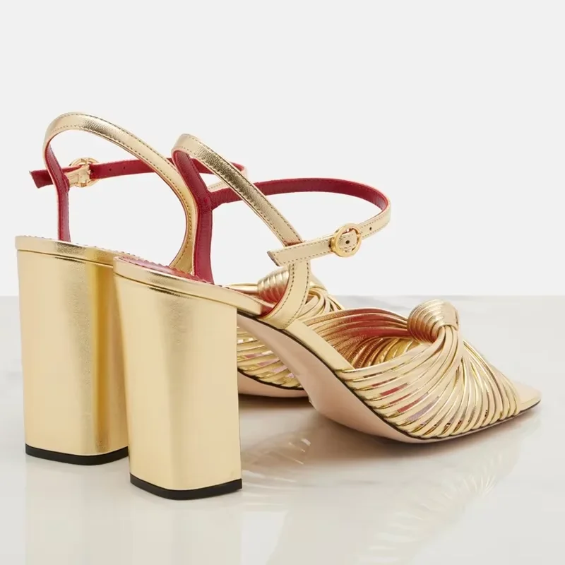 Gold Narrow Band Leather Sandals Sexy Square Toe Squar Heel Shingback Accept Customized New Arrivals Fashion Women Modern Shoes image 6