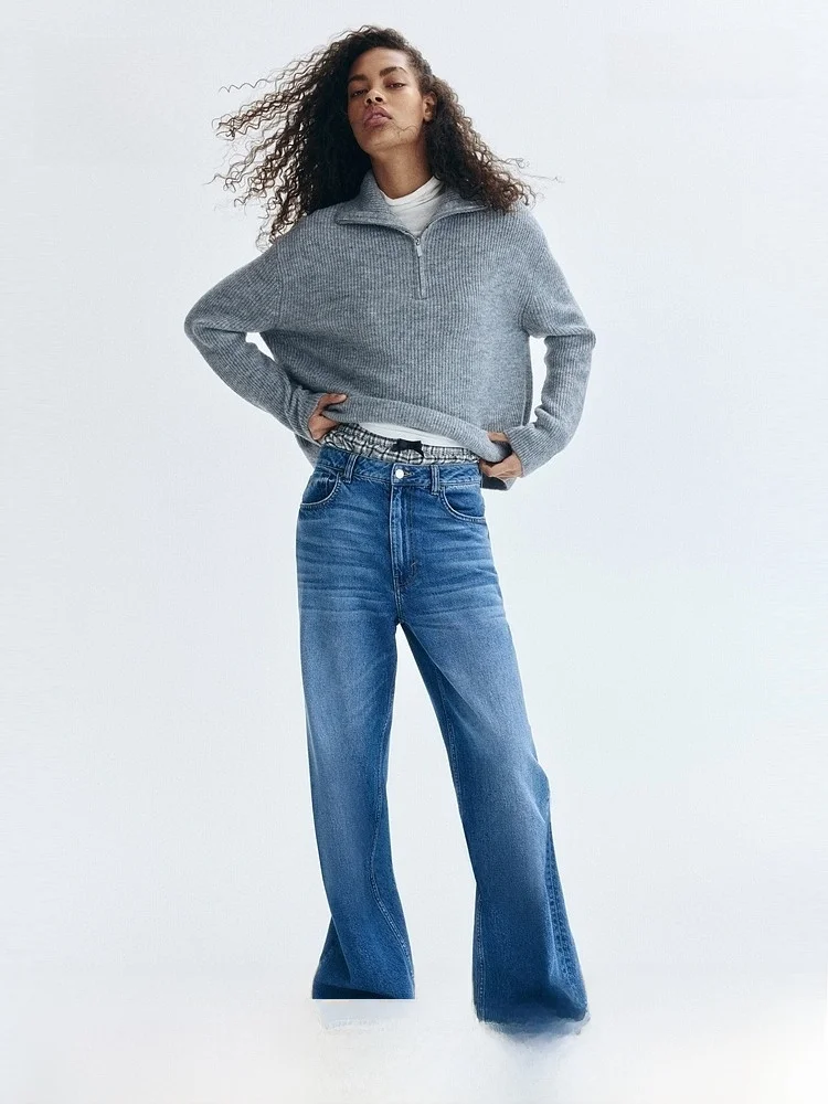 

H&M Women's Wool Knitted Sweater Zipper Casual Style Loose Fit Polyester Acrylic Wool Spandex Blend Comfortable Autumn Top