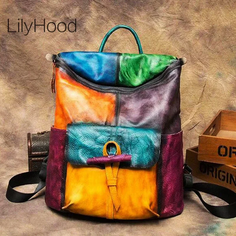 Oversized Women Cowhide Leather Big Capacity Backpack Travel Vintage Genuine Leather Laptop Stylish Patchwork Multicolor Bagpack