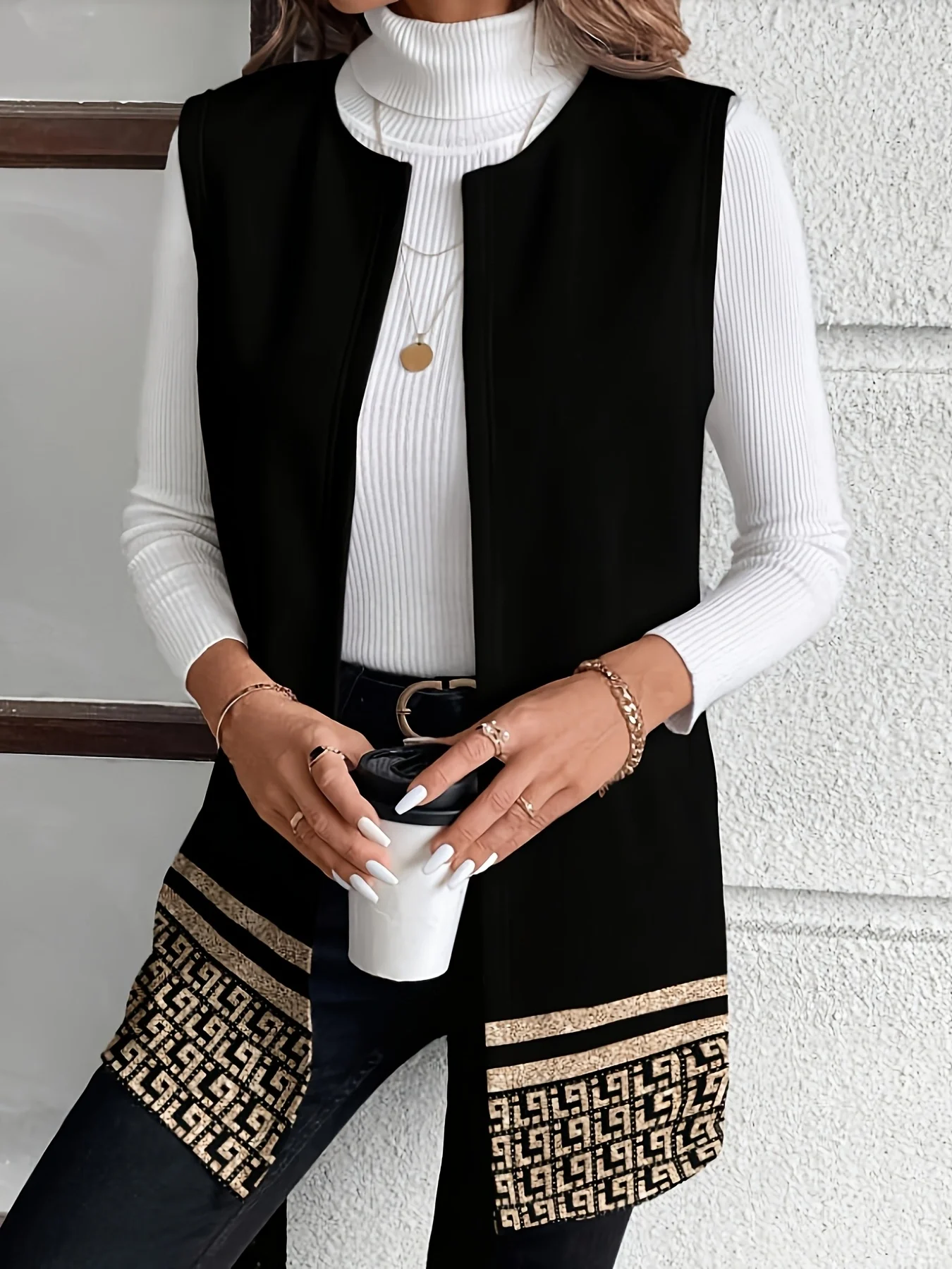 Plus Size Women Geometric Gradient Vest Fall Winter Open Front Sleeveless Longline Cardigan Coat Casual Outerwear