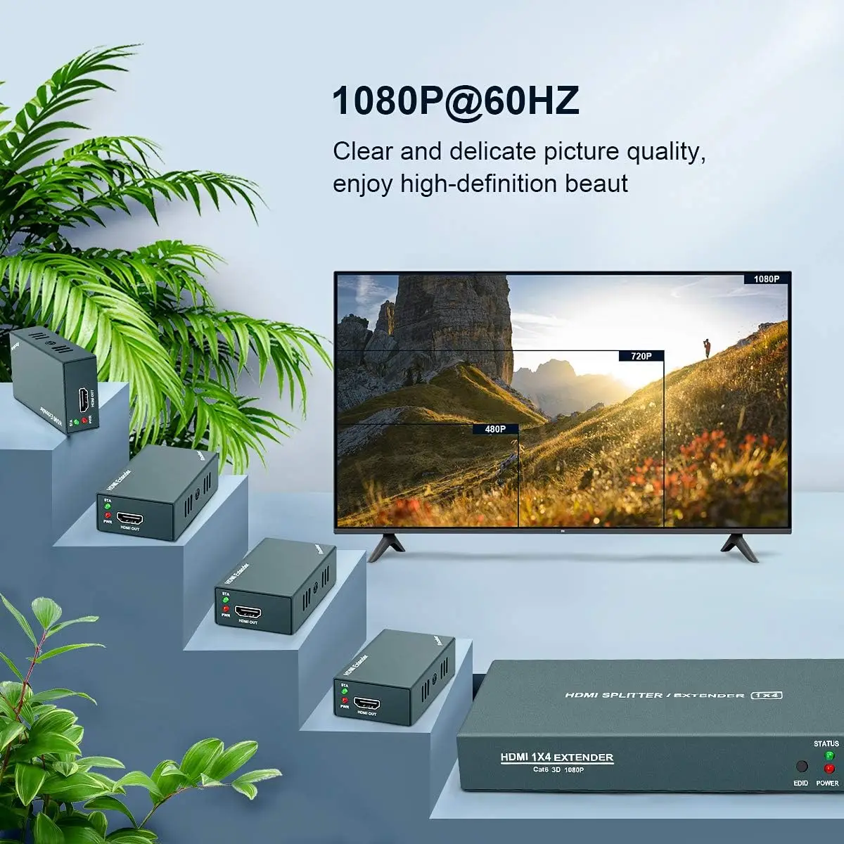1x4 HDMI Splitter Extender over Cat5e/6 Ethernet-kabel 50M 1080P HDMI Extender 4 Ontvanger Display 1 in 4 uit met POC-functie