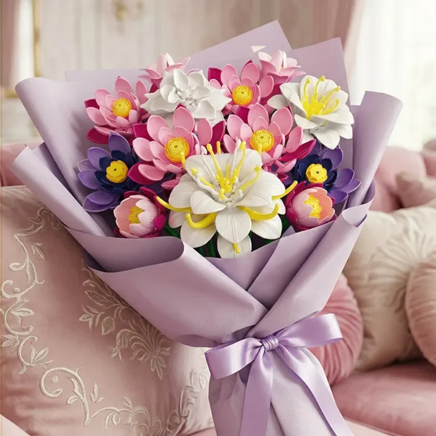 Eternal Lotus Flower Bouquet Building Blocks Set Artificial Botanical Flowers DIY Home Desk Decor Mothers Day Birthday Gift - view 3