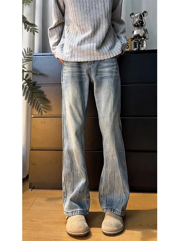 

American Waed Lightning Pattern Flared Jeans Men's Light Blue Slim Straight High Street Jeans Loose Fit Casual Straight Leg...