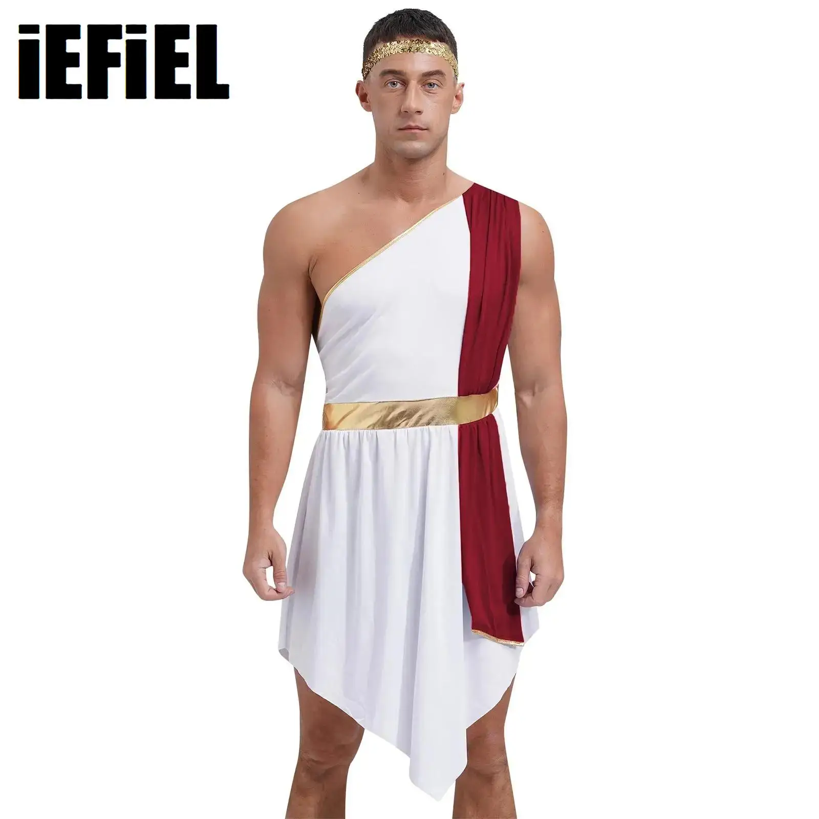 

Mens Roman Greek Dress Halloween Role Play Costume Color Block Irregular Hem One Shoulder Sleeveless Dress with Sequin Headband