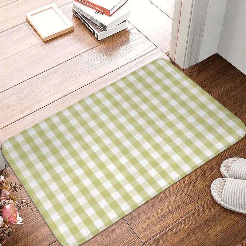 Fern Green Mini Gingham Check Plaid Doormat Non-Slip Bath Kitchen Mat Living Room Floor Door Entrance Carpet Rug