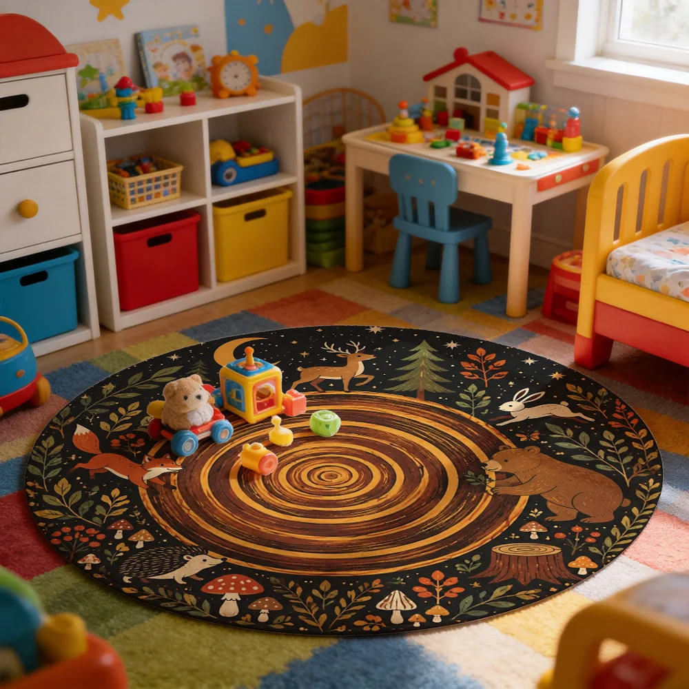 Forest Woodland Animals Round Area Rug Nursery Decor Cute Fox Deer Bear Rabbit Autumn Farmhouse Style Mat - view 2