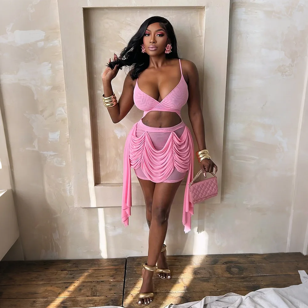 

Dress Women Spring Summer Deep V Neck Spaghetti Strap Crop Waist Exposed Mini Dresses