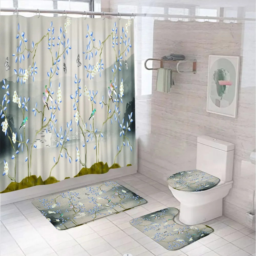 Asian Floral Style Shower Curtain Set Spring Bird Flower Wooden Tree Branch Bathroom Curtains With Bath Mat Rug Toilet Lid Cover