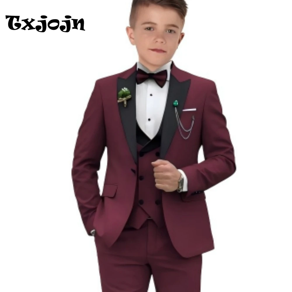 

2026 New Wine Red Boys Slim Fit Suit Set 4 Pieces Birthday Party Tuxedo Smart Elegant Kids Suits School Performance Outfit 3-14T
