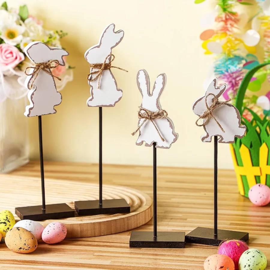 부활절 스탠딩 테이블 장식 나무 토끼 계란 토끼 테이블탑 장식 부활절 높이가 있는 다층 트레이 장식 블록 사인 클래식 러스틱