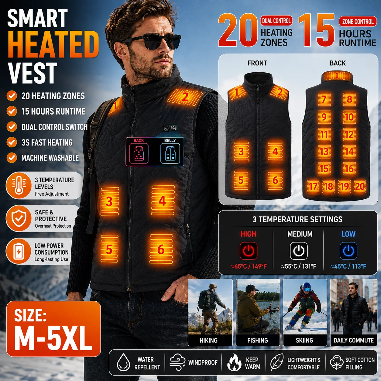 Unisex 20 Heating Zones USB Heated Vest Loose Winter Thermal Waistcoat Dual Control Casual Outdoor Sport Warm Heating Gilet