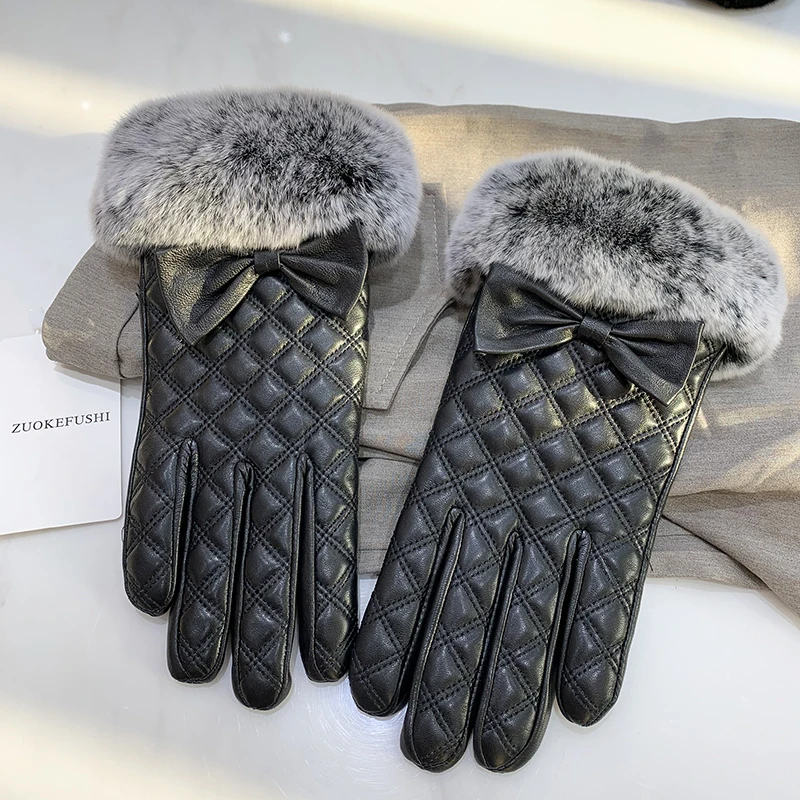 Elegant Bow Women's Winter Warm Genuine Leather Gloves With Rex Rabbit Fur Trim Cuffs Velvet Lined