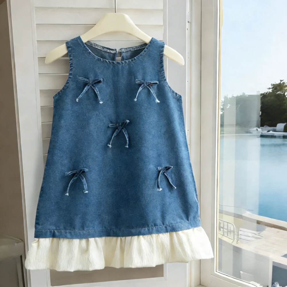 

Корейское платье-имитация джинсовой ткани синего цвета без рукавов для девочек, новинка 2026 года, детское платье с бантом и пэчворком, летняя одежда для девочек