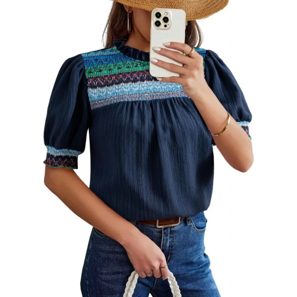 Women Round Neck Embroidered Puff Short Sleeve Blouse Bohemian Casual Top Soft Breathable Flowy Flattering Daily Vacation