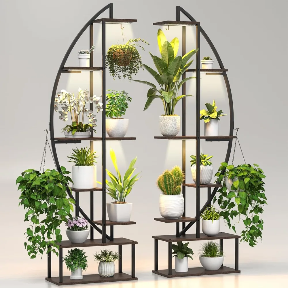 

Plant Stand Shelf Rack Indoor with 6 Built in Grow Light, 7 Tier 65" Tall Pair Large Half Moon Lighted Plant Stand with Hanging