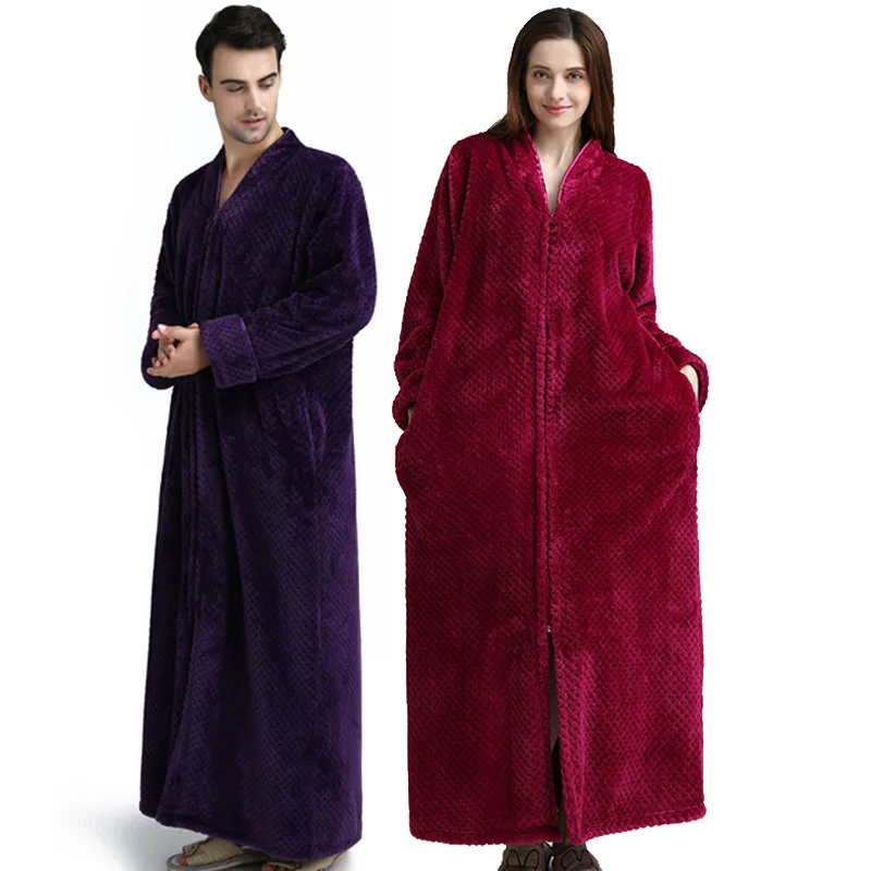 

Women Warm Flannel Bath Robe Unisex Bathrobe Lovers Winter Thicken Long Plus Size Dressing Gown Couples Men Zipper Sleepwear