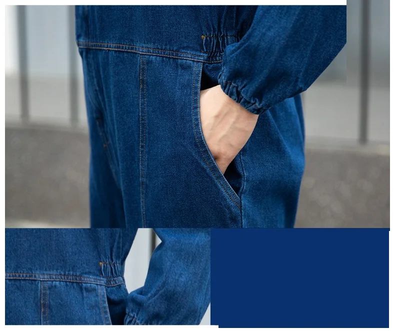 Eendelig Werkkleding Lasser Gespoten Denim Pak Werkkleding Reflecterend Strip Arbeidsbescherming Met Lange Mouwen