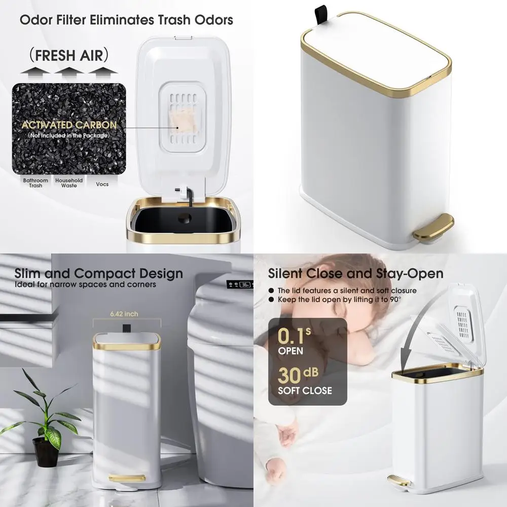 

5L Slim Metal Trash Can with Soft Close Lid - White Rectangular Waste Bin for Bathroom, Office, Home