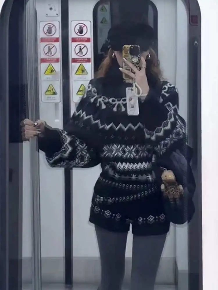 

Высокий Ne вязаный свитер Fair Isle, женский свободный повседневный вязаный топ, осень-зима, новый этнический ветровой свитер