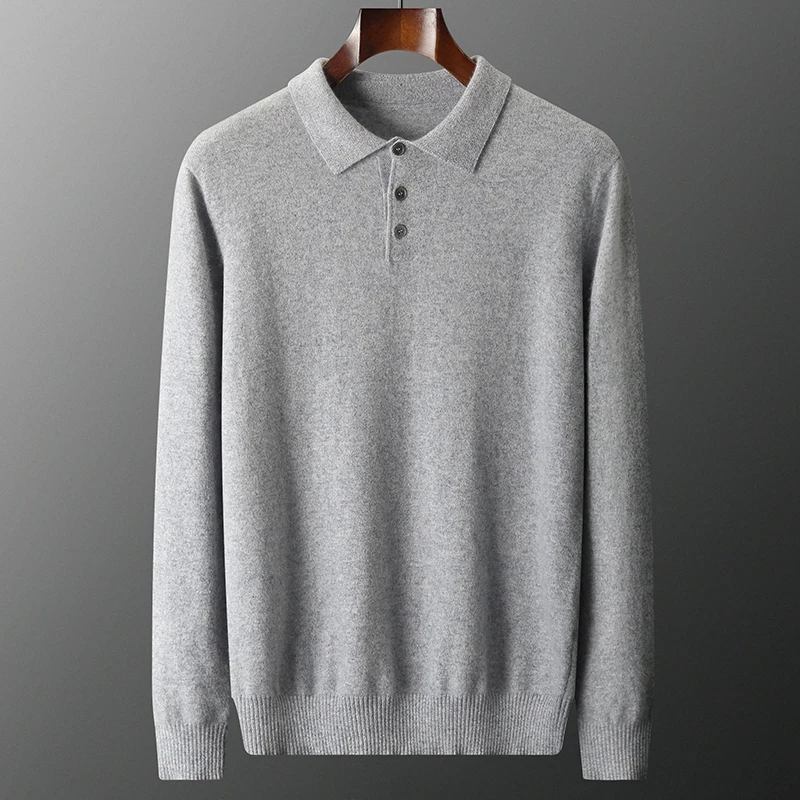 100% Cashmere Knitted Pullover Winter Autumn Men Sweaters  POLO Collar Full Sleeve Jumpers Solid Color Male Clothes