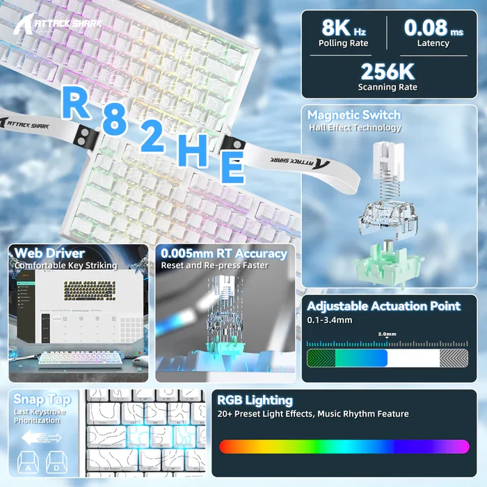 ATTACK SHARK R82 HE Wired Magnetic Keyboard with 0.005mm RT Accuracy,RGB 8KHz,Support RT/Snap Tap/DKS/MT/TGL