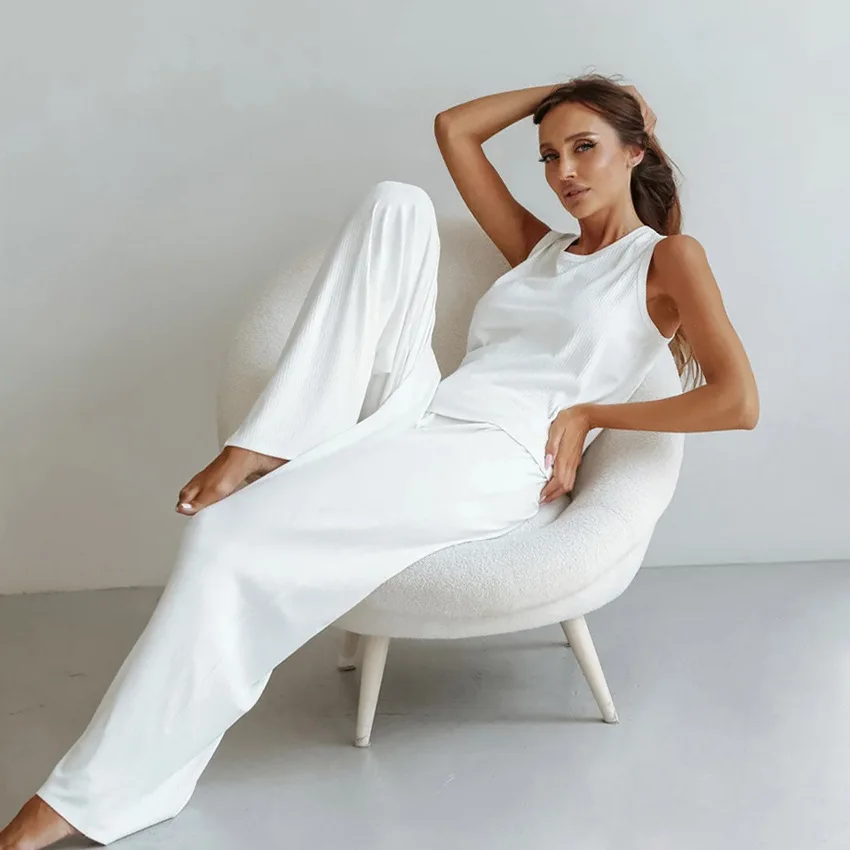 Pajama Sets Women Vest Pant Suit Sleepwear Nightwear Homewear Casual Sleeveless Waistcoat Elastic Loose Waist Pants Female