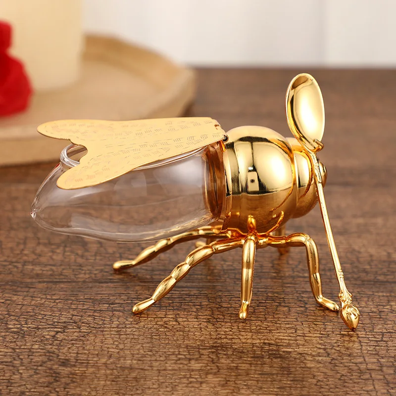 48 Pieces European Classical Bee Design Golden Glass Honey Pot with Spoon High-End Kitchen Sugar Bowl Zinc Alloy Seasoning Jar