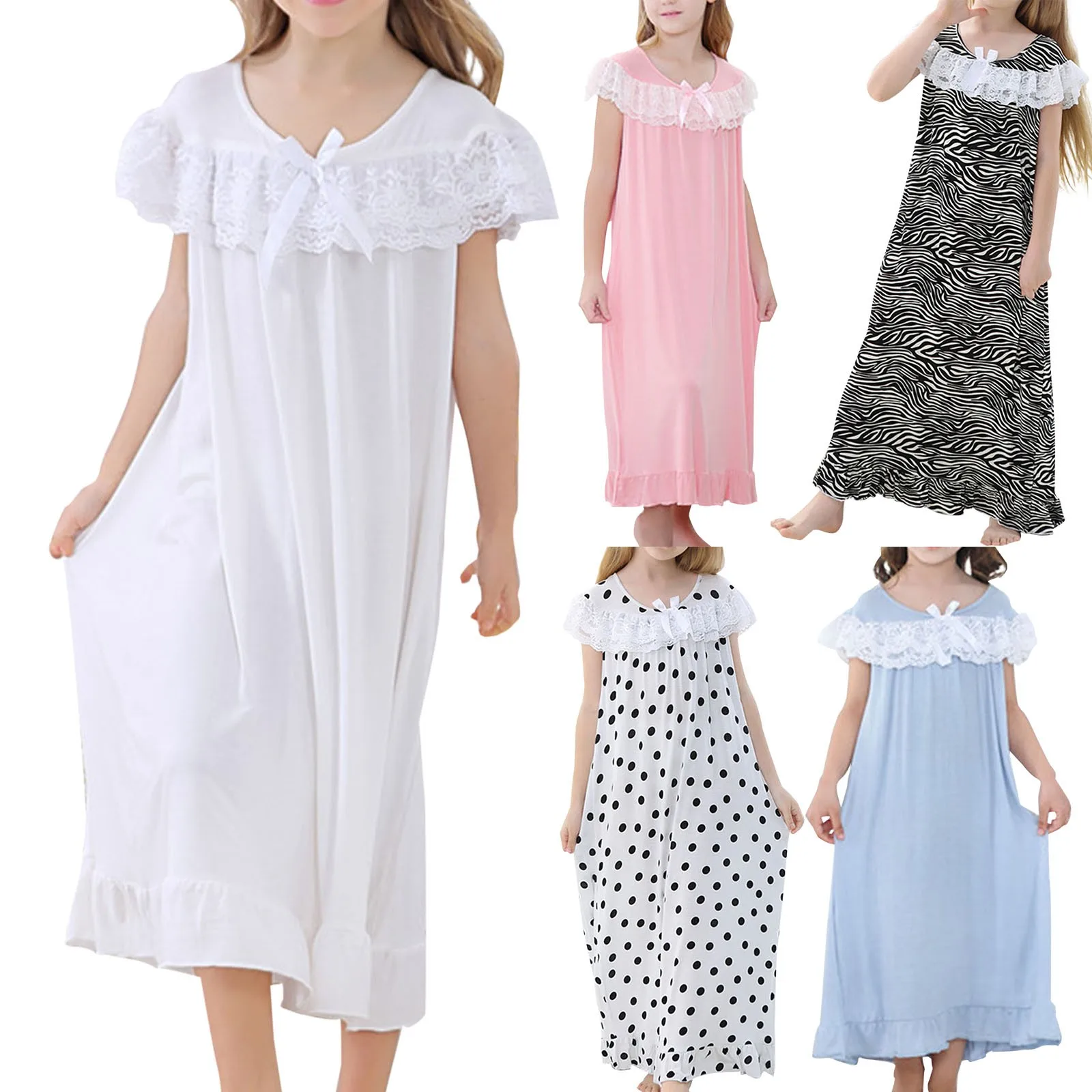 Little Girls Nightdress Vestidos Summer Cotton Lace Polka Dot Pajama Dress Girls Nightgown Fashion Princess Sleepwear Clothes