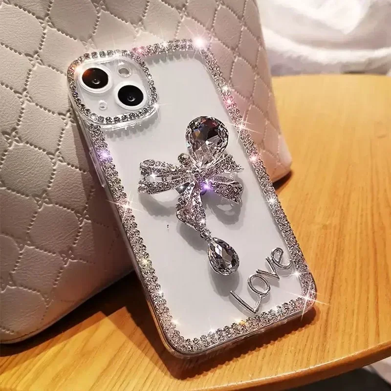 Luxury Glitter Crystal Diamond Bow Tie Phone Case, Silicone Floral Bling Cover, for iPhone16 15, 14, 13, 12, 11 Pro Max, X, XS