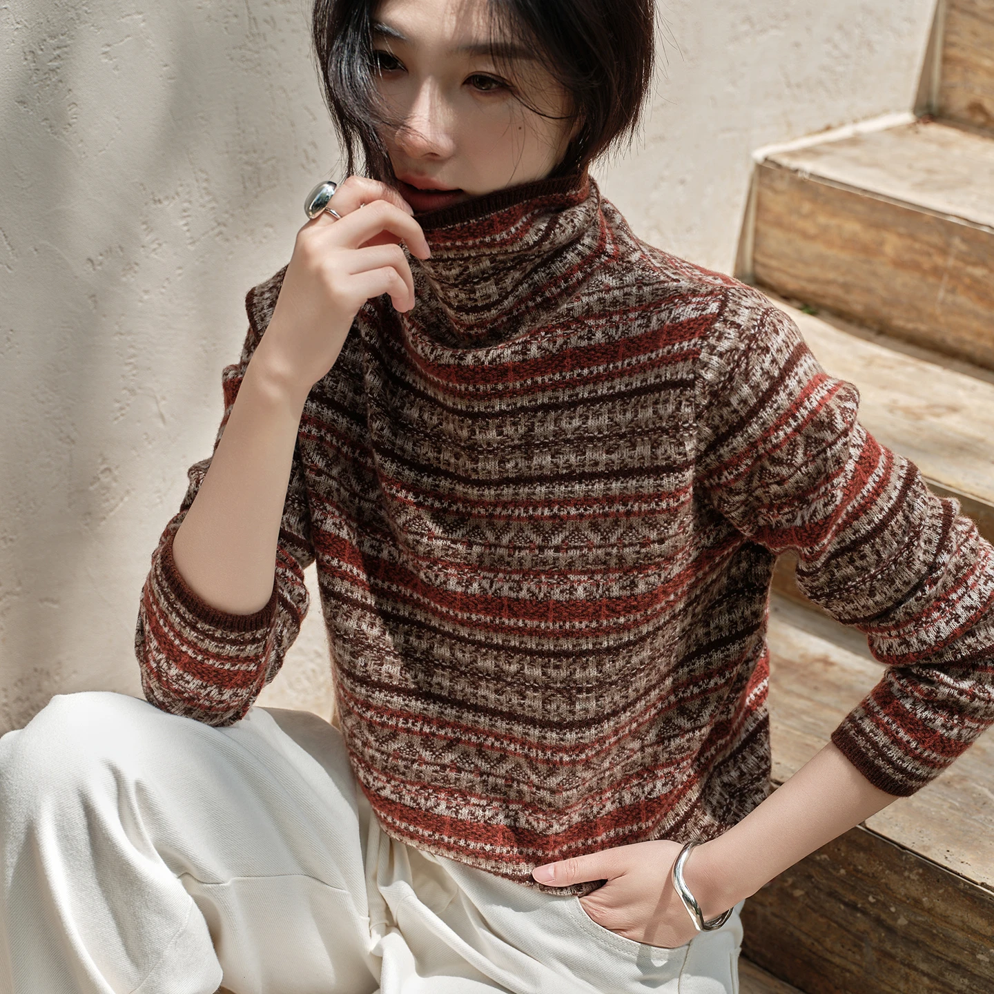 

100% pure cashmere sweater for women, Fair Island retro Nordic style, high-neck thickened striped base sweater