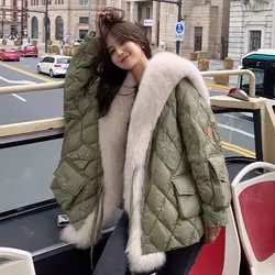 Winter Women Big Luxury Faux Fox Fur Collar Coat 2023 Fluffy Loose Puffer Jacket Feather Female Parka Snow Outwear Windproof
