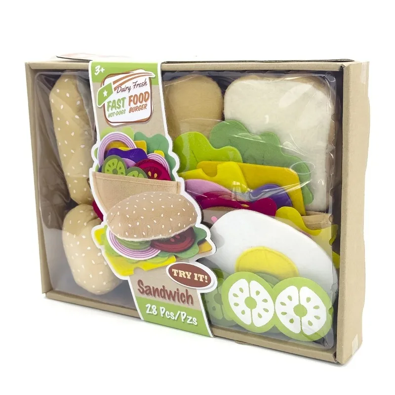 28PCS Felt Food Burger Sandwich Food Set Children Pretend to Play Food Sandwich Toys Children\'s Kitchen Role Playing Gifts