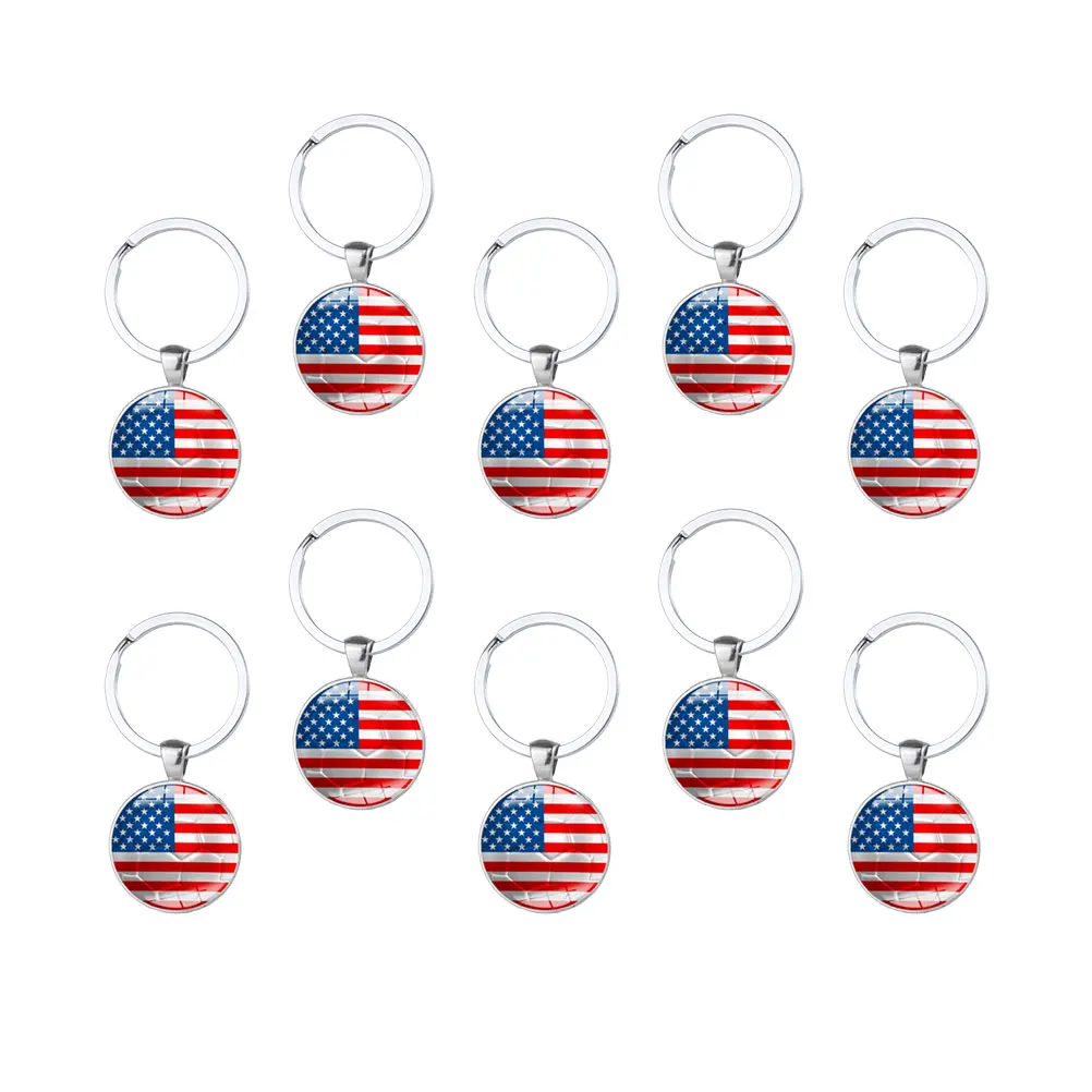 

10 pcs Key Chains Key Ring Glass Keyring Football Cup Theme Alloy Glass Patch Decor Patriotic Flag Keychain Cute