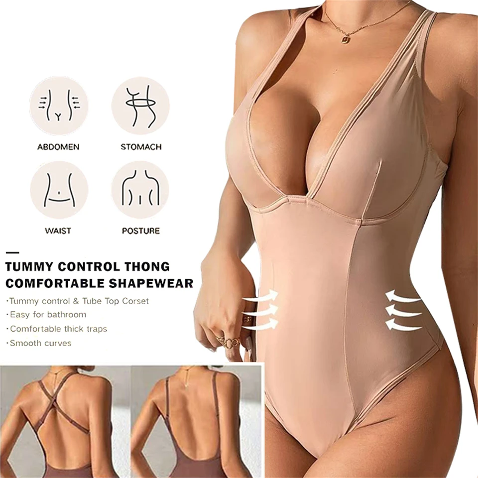 Becirzet Damen Schlankheits-Bodysuit Shapewear Körperformer Bauchreduzierende Unterwäsche Rückenfreies Design Tiefer V-Ausschnitt – Detail 2