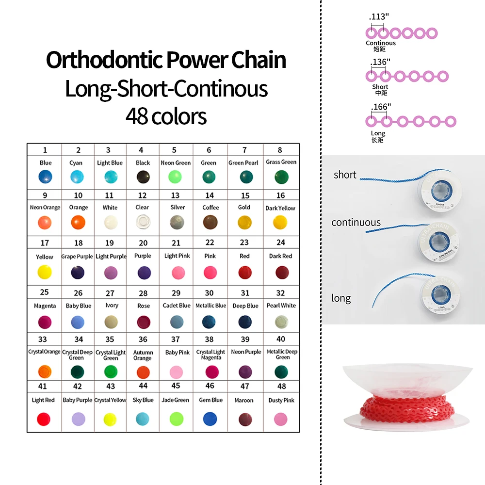 

Эластичная ортодонтическая цепочка Dental Power Elastic Ultra Power Chain, 48 цветов, материал для лечения с использованием брекетов, длина 15 футов, короткий тип