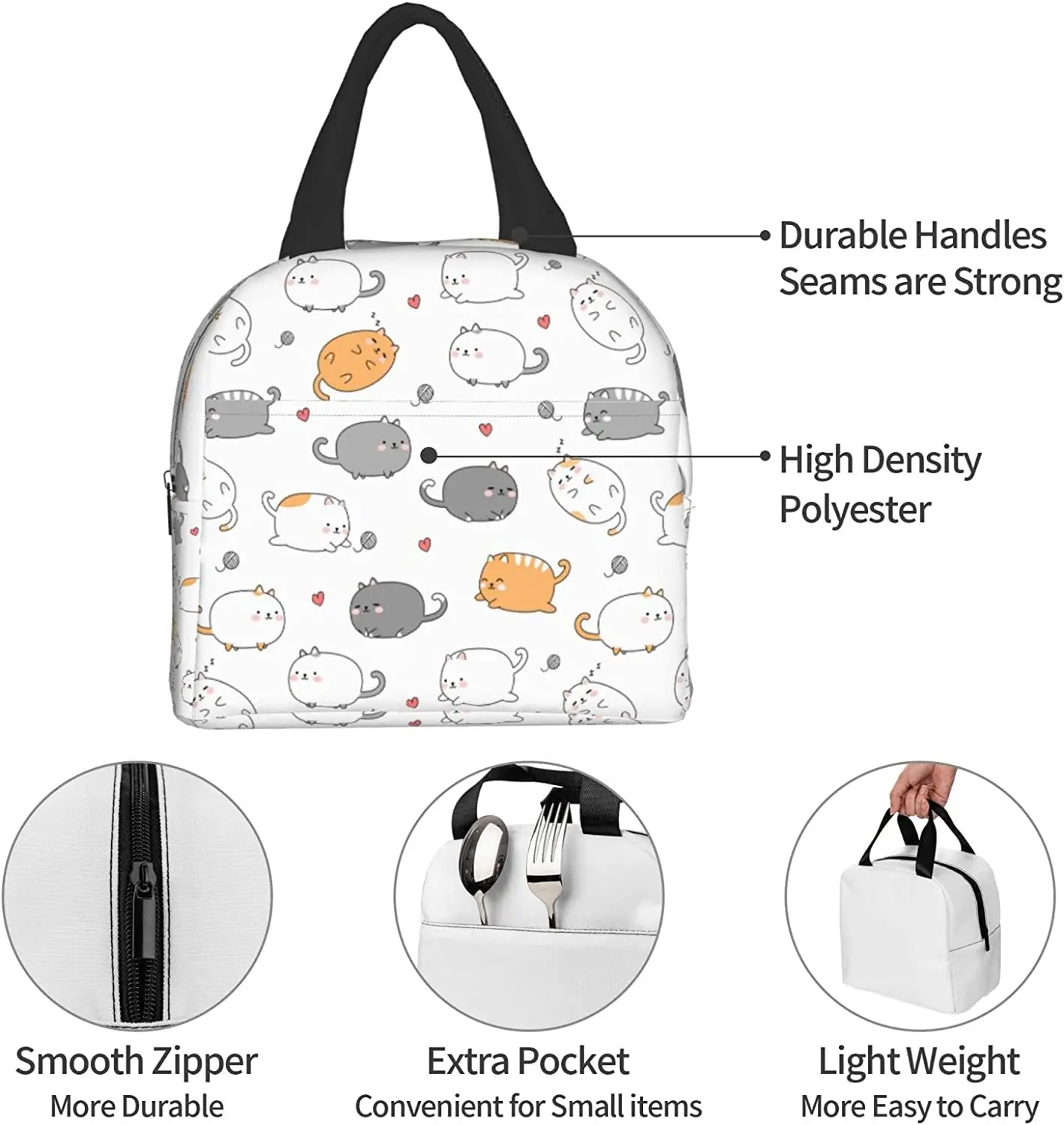 Cute Fat Cat Kitten Lunch Box Bento Box Insulated Lunch Boxes Reusable Waterproof Lunch Bag with Pocket for Office Picnic Beach