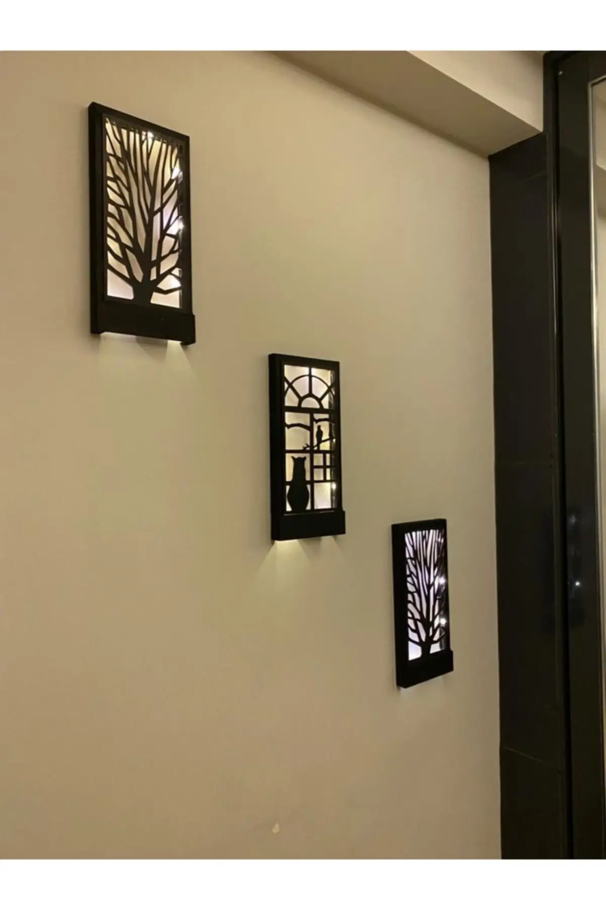 Black Brown 3 PCs Set Fairy Led Wood Luminous Table Tree Cat Pattern Home Gift Hol Doorway Night Lamp Wall ornament