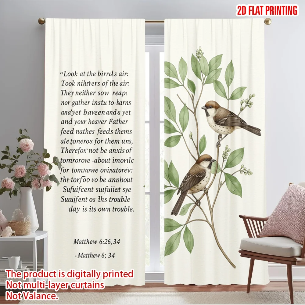 

2pcs 2D flat printing Curtains Birds Nature Bible Verse 100% Polyester Fabric Without Electricity Family Party for Indoor
